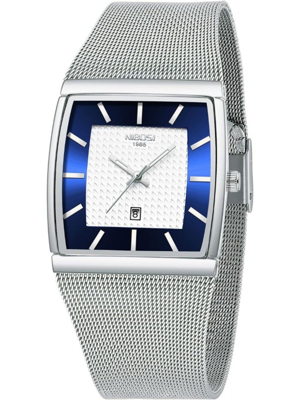 Nibosi Men's Silver Blue Square Analog Quartz Stainless Mesh Waterproof Watch